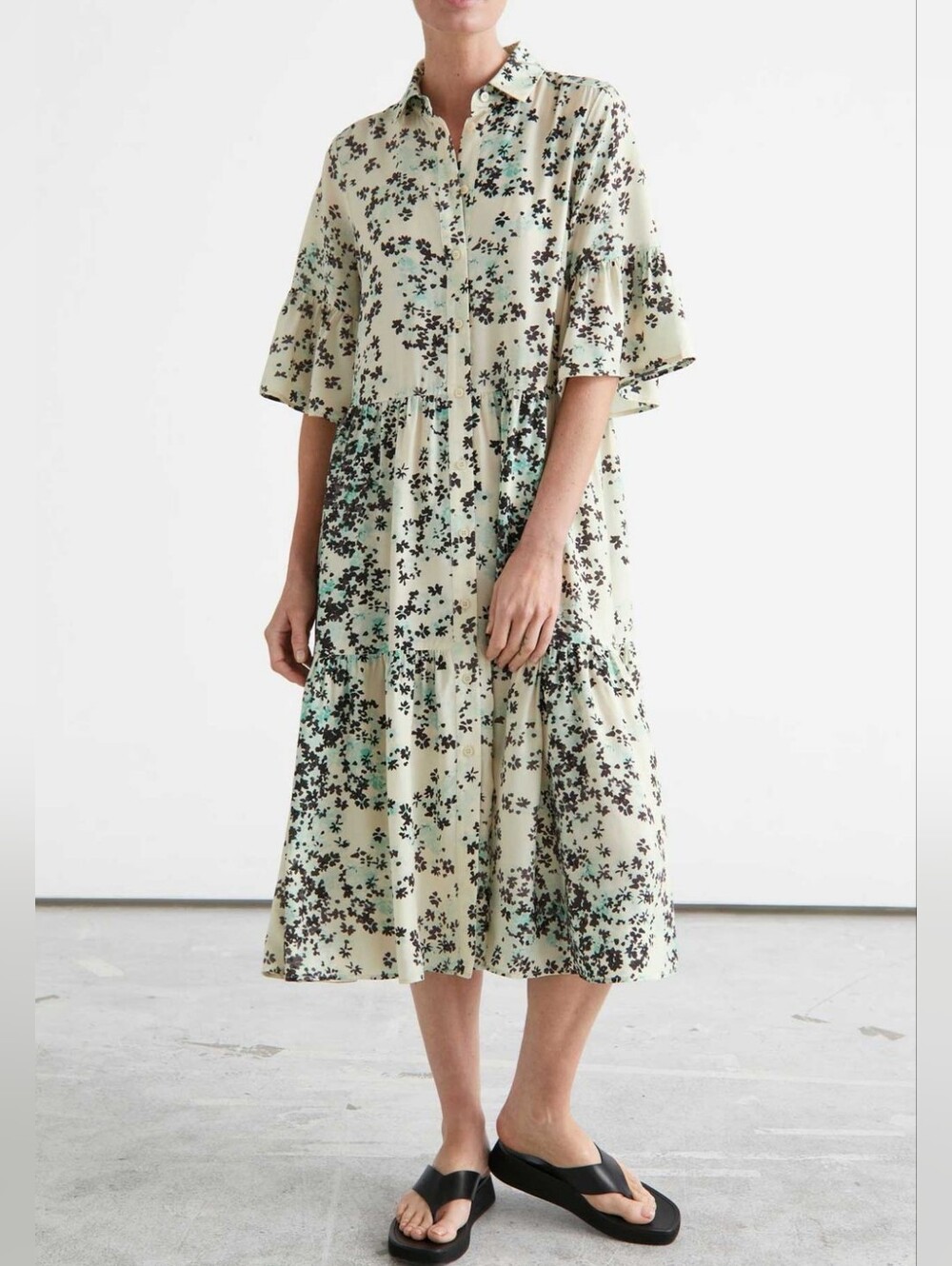& Other Stories Abstract Floral Tiered Flowy Button Down Midi Shirt Dress Size 6